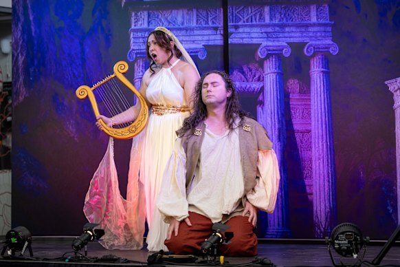 Phoebe Paine, playing Eurydice, and  Hew Wagner, playing Orpheus.