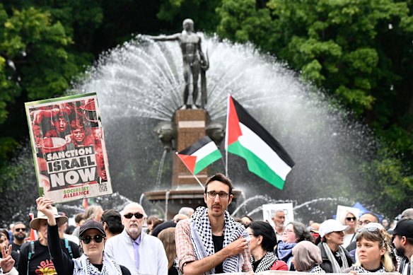 Protesters gather at the National March for a pro-Palestine rally on Sunday.