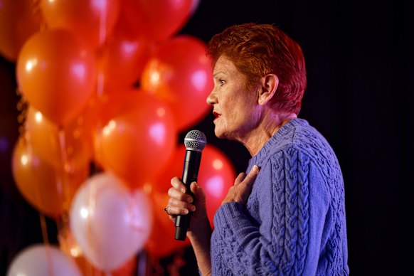 Pauline Hanson speaking at a One Nation event last week.