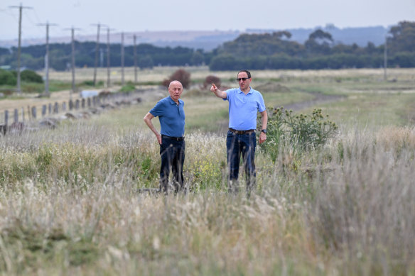 Lara developer Richard Bisinella and his father, Lino Bisinella, at the proposed waste heat to energy facility site.