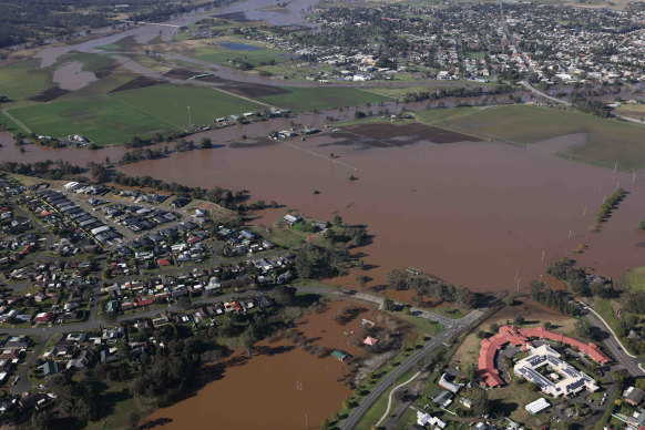 The floods in the Hunter Region as seen from above on Friday.