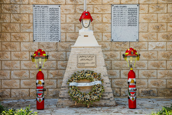 A firefighting brigade’s monument to honour the victims of the Beirut port blast.