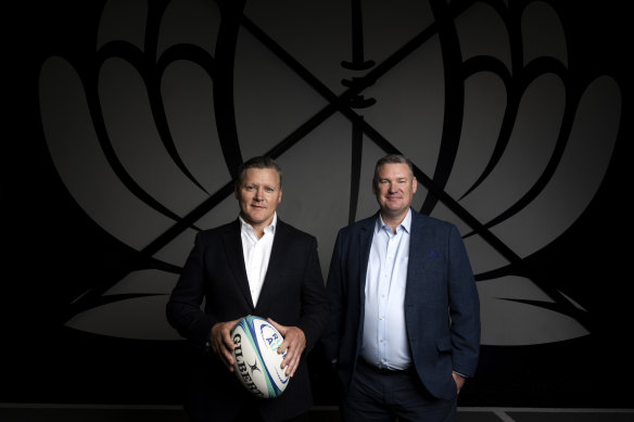 NSW Rugby president Matt Burke with NSW Rugby chief executive Paul Doorn, at the Waratahs headquarters.