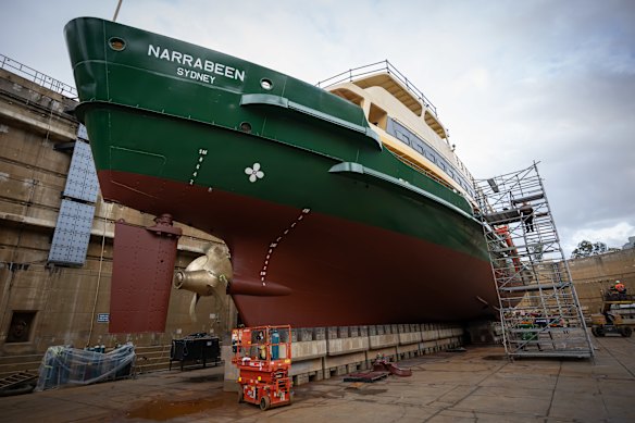 The Narrabeen in dry dock at Garden Island. It will return to the water on Friday.