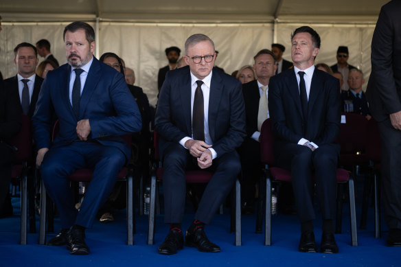 Federal MP Ed Husic, Prime Minister  Anthony Albanese and Premier Chris Minns attend the funeral of Faraz Tahir.