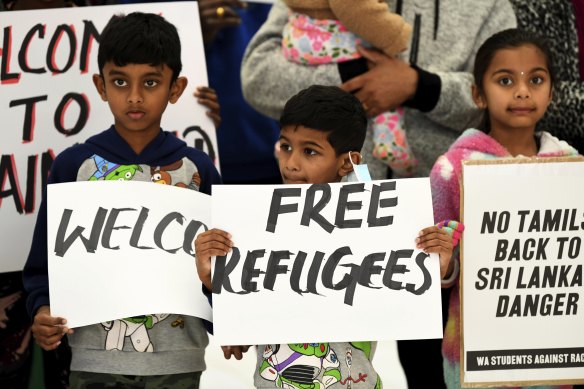 Supporters of the ‘Biloela family’ welcome the Murugappans at Perth Airport earlier this year.  The Murugappans are seeking asylum in Australia.