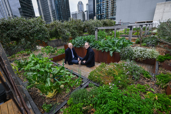 Architects Jim Stewart (left) and Shem Kelder at Melbourne Skyfarm on the rooftop of the Siddeley Street car park. 