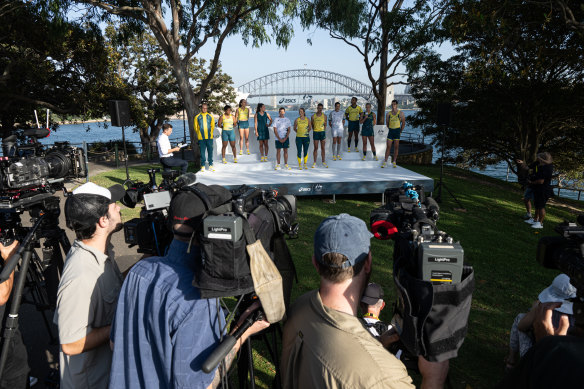 Media at the unveiling of the Australian Olympic uniforms at Mrs Macquarie’s Chair.
