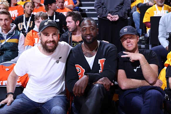 Denise Unterwurzacher ribbed Mike Cannon-Brookes (left) over his co-ownership of the Utah Jazz basketball team. He is pictured with co-owners Dwayne Wayde and Ryan Smith.