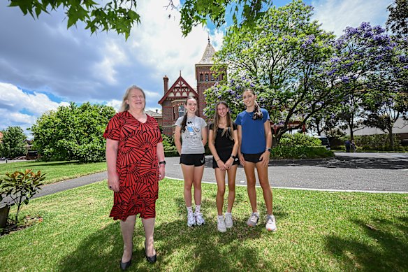Fintona Girls School deputy principal Ruth McKinnon with students (left to right) Eliza Creek, Mila Masalkovska and Jana Bouralexis. 