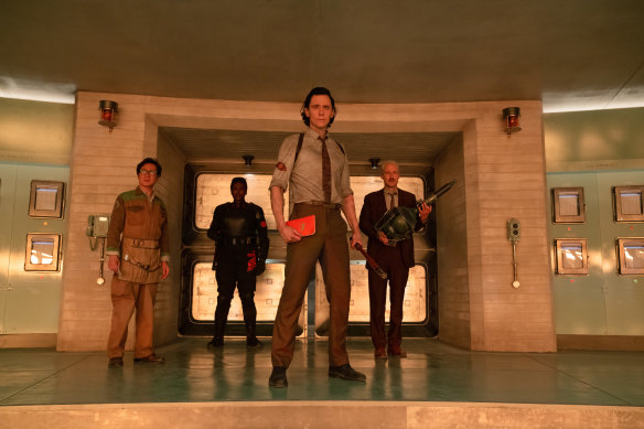 Ke Huy Quan as O.B., Wunmi Mosaku as Hunter B-15, Tom Hiddleston as Loki and Owen Wilson as Mobius in Loki.