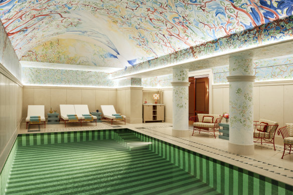 Parisian artist Jacques Merle has painted a ceiling fresco of Narcissus above the pool.