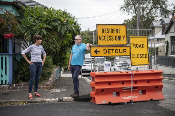 Rozelle residents Ros Dunlop and Mark Titmarsh are frustrated by long-running construction work on the NSW government’s major transport projects.