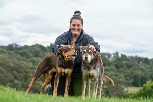 Tegan Eagle with her champion kelpies Bailey and Cooper at the Casterton Kelpie Muster this weekend.
