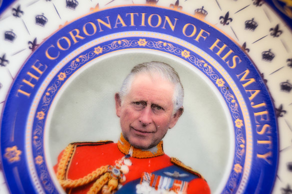 A souvenir collectible plate marking the Coronation of King Charles III ready for the May 6 coronation.