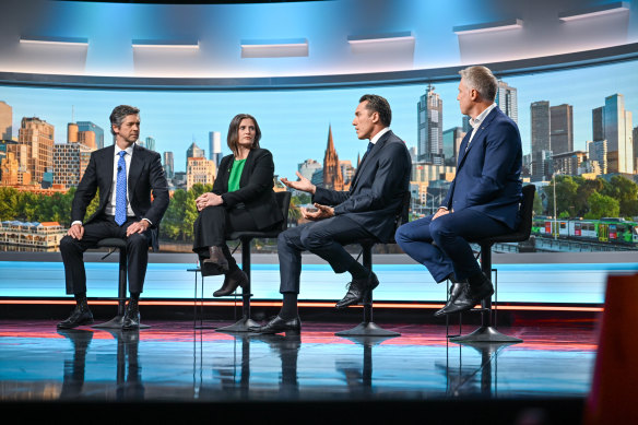 From left: Lord Mayor Nick Reece, Greens candidate Roxane Ingleton, ex-AFL player Anthony Koutoufides and former deputy lord mayor Arron Wood at the Nine debate. 