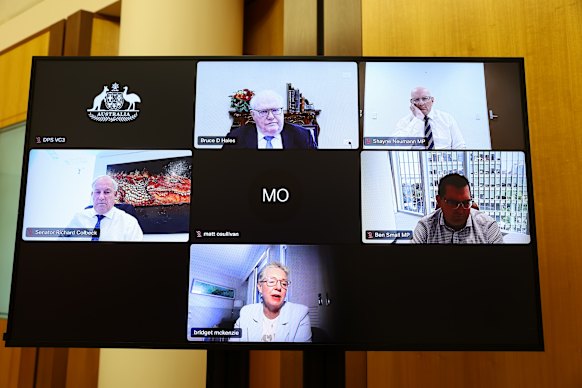 Bruce Hales (top row, centre) appears via video-link during the inquiry on Friday.