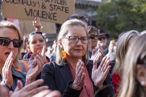 Premier Jacinta Allan at the protest on Sunday morning.