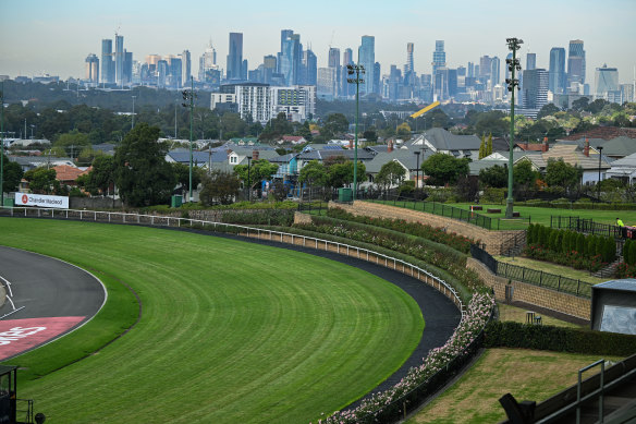 A view of the CBD from the current grandstand, which is on the west side of the site and will be demolished. The new grandstand will be on the north end.