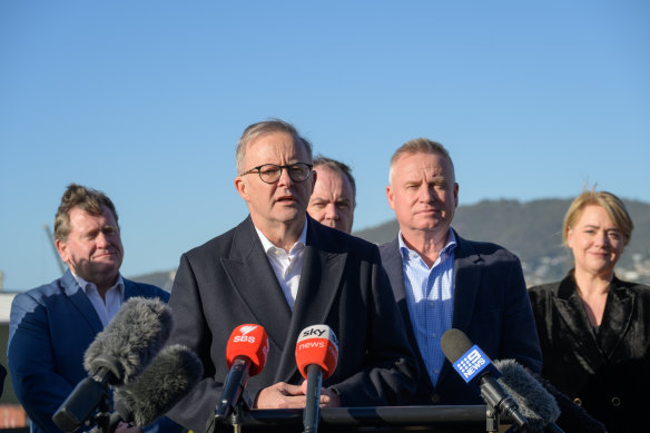 Prime Minister Anthony Albanese speaks during a press conference in Hobart on Saturday alongside Tasmanian Premier Jeremy Rockliff (second from right).