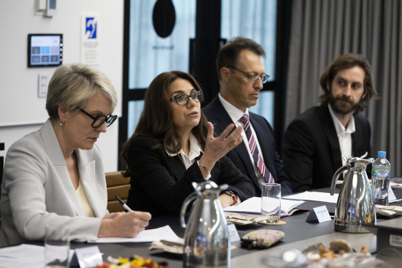 (From left) Environment Minister Tanya Plibersek, Nestle Oceania chief executive Sandra Martinez, Visy chief executive Mark De Wit, Merri-bek Mayor Adam Pulford during the 2024 Recycling Roundtable.