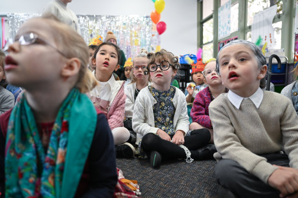 Belle Harris (centre) at Cranbourne Primary School celebrating 100 Days of School.