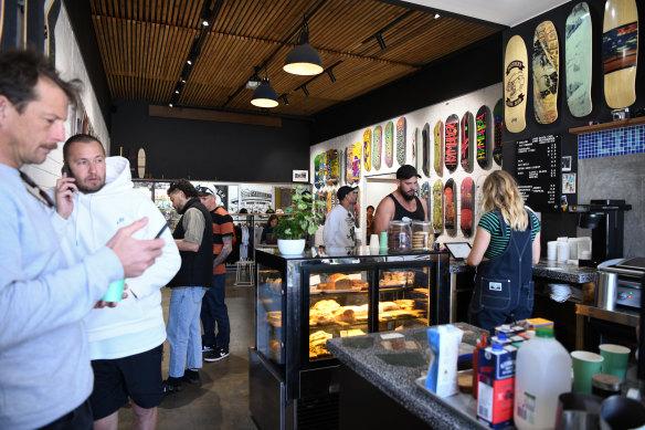 Customers wait in line at Livid Skate Cafe in Scarborough. 