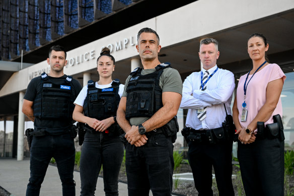 Operation Alliance targets knife crime. From left: Detective Acting Sergeant Brendan Bennett, First Constable Mel Newman, Acting Detective Sergeant Robert Luri, Detective Acting Sergeant Magnus Vaisnys and Acting Detective Sergeant Leah Marriner outside the Werribee police complex. 
