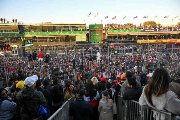 Fans on the track after Max Verstappen won the 2023 Australian Grand Prix.
