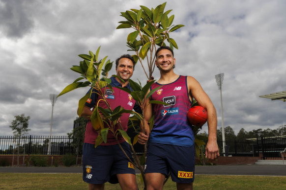Saplings will be planted in Brisbane in a nod to the team’s roots. Pictured: Indigenous player welfare manager Anthony Corrie (left) and Brisbane Lions player Nakia Cockatoo.