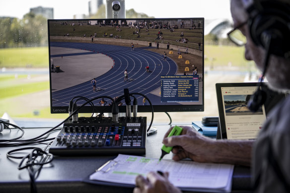 The control room at the state athletics carnival for NSW government secondary schools at the Sydney Olympic Park athletics centre.