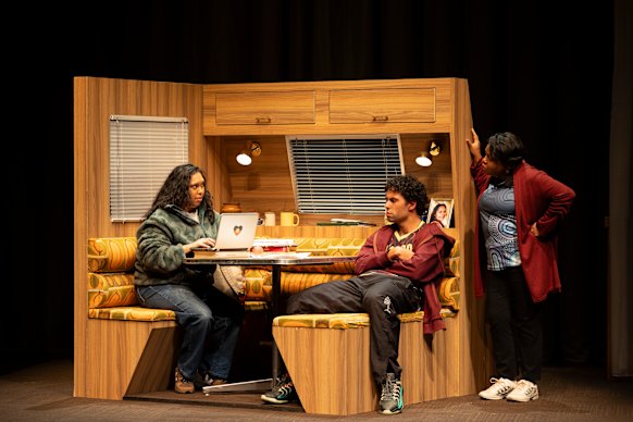 Chenoa Deemal, Zach Blampied and Ursula Yovich in a scene from The Black Woman of Gippsland.