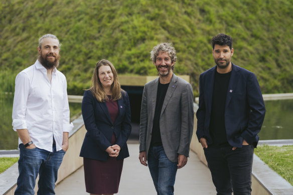 Kate Pounder, Technology Council of Australia chief, with Atlassian's Mike Cannon-Brookes and Scott Farquhar, and Canva's Cliff Obrecht.