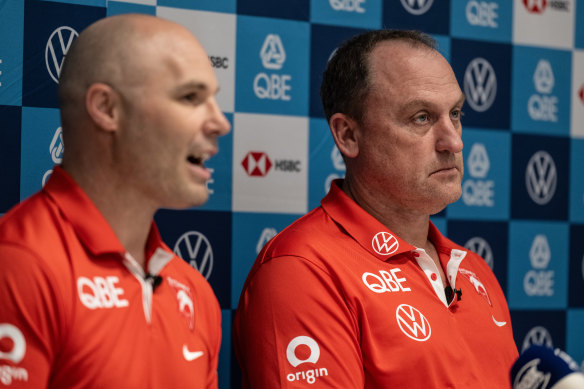 Swans chief executive Tom Harley (left) and coach John Longmire.