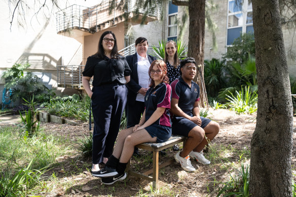 Year 8 student Chelsea Knight and year 10 student  Jeremiah Sosaiete Ah Young with acting principal Karen Attard  and teachers Amy Krisenthal
and Nicole Garner.