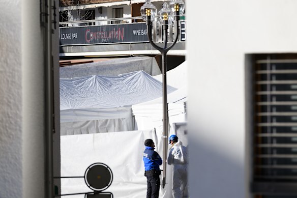 Tents are set up outside Le Constellation bar as authorities investigate the blaze.