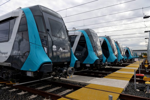 Part of the 45-strong train fleet for Sydney’s extended metro rail line under the harbour and CBD.