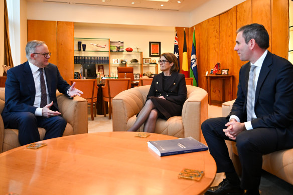 Prime Minister Anthony Albanese and Treasurer Jim Chalmers with incoming RBA governor Michele Bullock today.