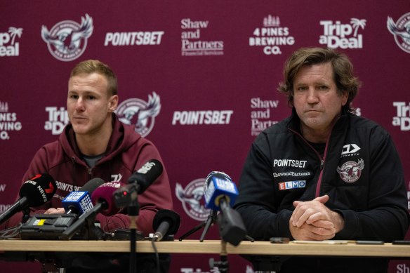Hasler fronts a press conference with captain Daly Cherry-Evans after the launch of the rainbow jersey.