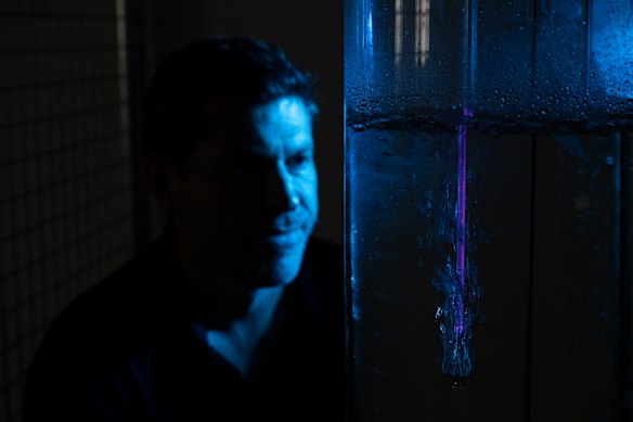 P. J. Cullen with his invention at PlasmaLeap, which enables fertiliser to be made with minimal carbon emissions.