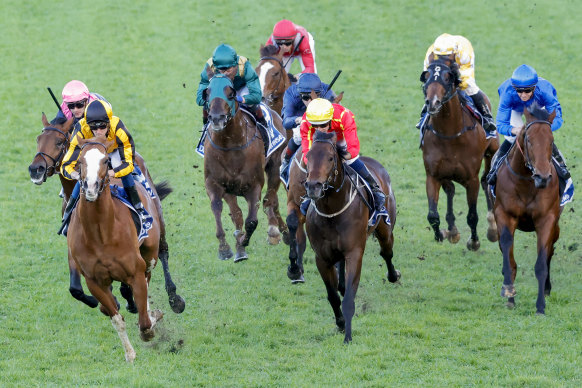 Sweet Ride (left) wins the San Domenico Stakes at Rosehill on Saturday.