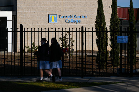 Students arrive at Tarneit Senior College after footage emerged yesterday of a fight involving teachers and pupils.