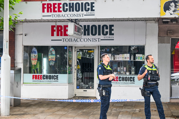 Police outside the tobacco shop in Pier Street, Altona in January.