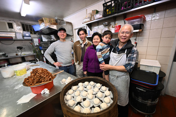 Hong Kong Dim Sum is a family operation. From left: brothers Andrew and Phillip Leung and their parents, Shing Mui and Kong Choi Leung (holding Andrew’s son Asher, 3).