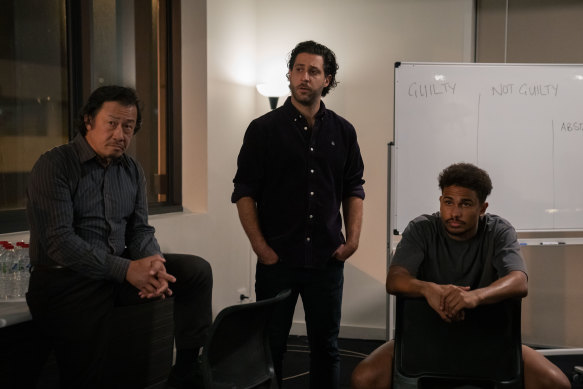 Warren Lee, Damien Strouthos and Ngali Shaw as jurors in the courtroom drama <i>The Twelve</i>.