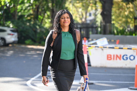 Former Victorian Greens leader Samantha Ratnam arriving at parliament on Tuesday. 