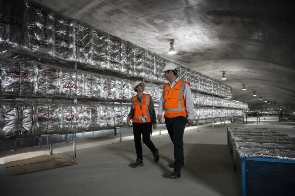 Barangaroo station construction director Claire Moore (left) and Sydney Metro City and Southwest project director Hugh Lawson in an underground cavern.