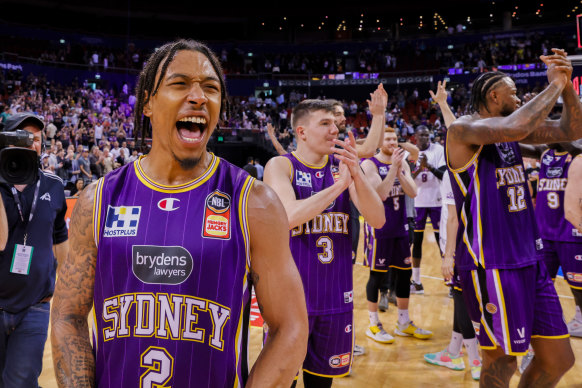 MVP Jaylen Adams celebrates the Kings’ win over the JackJumpers in game one of the NBL grand final series.