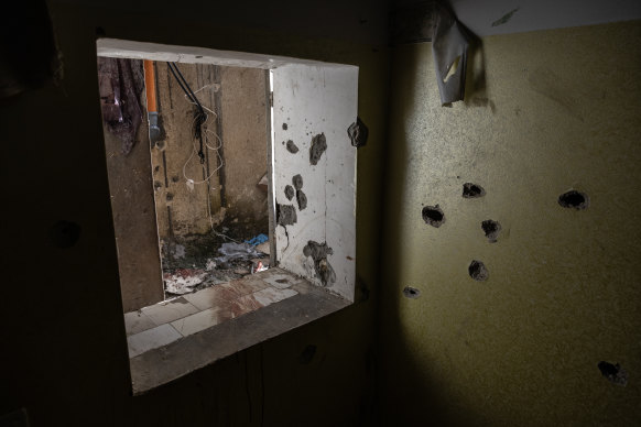 Bloodstains on the ledge of a window in the home where family members of Rajai Sweilem claim he was executed by Israeli soldiers and thrown into the alley outside.