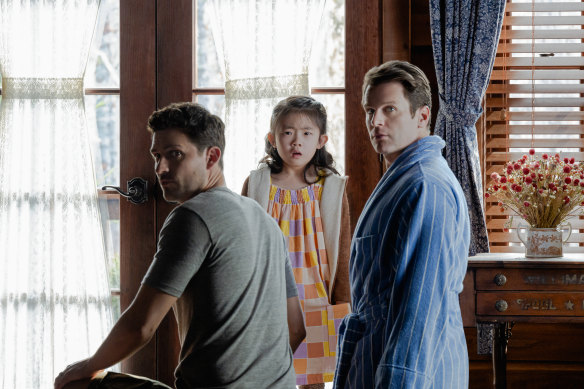 Andrew (Ben Aldridge), Wen (Kristen Cui) and Eric (Jonathan Groff) in Knock at the Cabin.